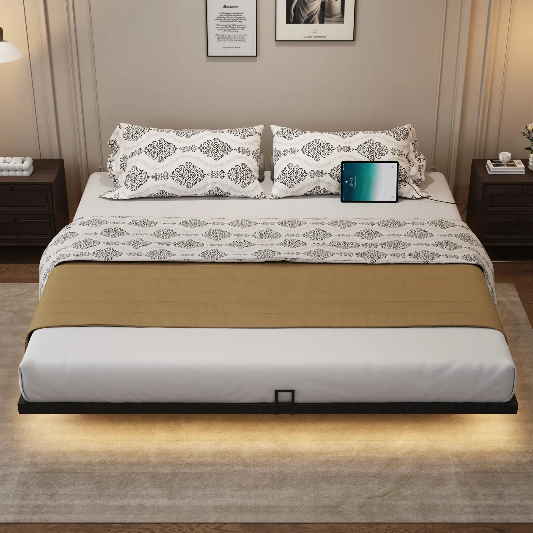 Estructura de cama flotante, base de plataforma metálica con luces LED, estación de carga con 2 tomas de corriente y puertos USB, no requiere somier, antideslizante, silenciosa, fácil montaje.