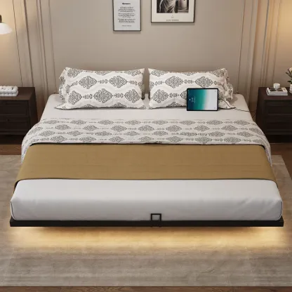Estructura de cama flotante, base de plataforma metálica con luces LED, estación de carga con 2 tomas de corriente y puertos USB, no requiere somier, antideslizante, silenciosa, fácil montaje.
