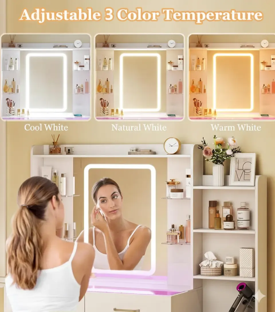 Tocador con espejo y luces LED, tocador de 145 cm con cubierta de vidrio y carga inalámbrica, cajones RGB y toma de corriente con interruptor de seguridad para dormitorio, color blanco.