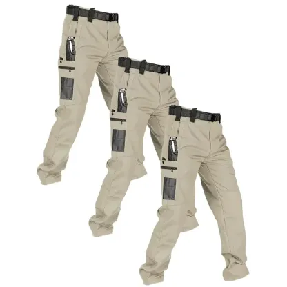 Pantalones de trabajo tácticos impermeables para hombre (color liso) — Set de 3 piezas: sin cinturón, multibolsillos, duraderos; ideales para senderismo al aire libre y uso casual.
