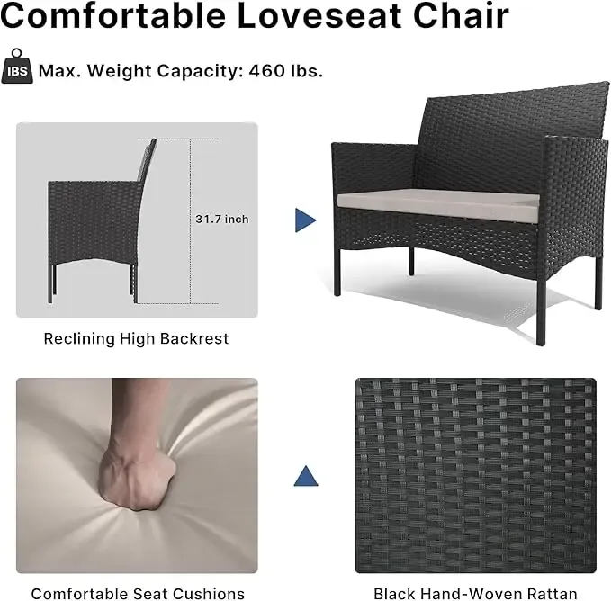 Juego de muebles de exterior para patio Kullavik — Conjunto de conversación para jardín con sillas de ratán sintético (PE), mesa de vidrio templado y cojines suaves; ideal para el césped, la piscina o el patio trasero.