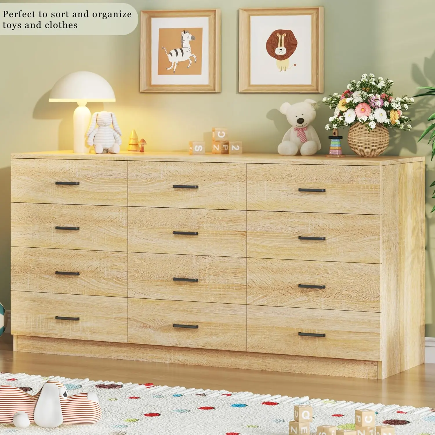 Cómoda para dormitorio con 12 cajones, 152 cm de ancho, estilo moderno de mediados de siglo, con veta de madera natural, cómoda con mueble para TV, organizador de almacenamiento grande, armario, entrada, color natural.