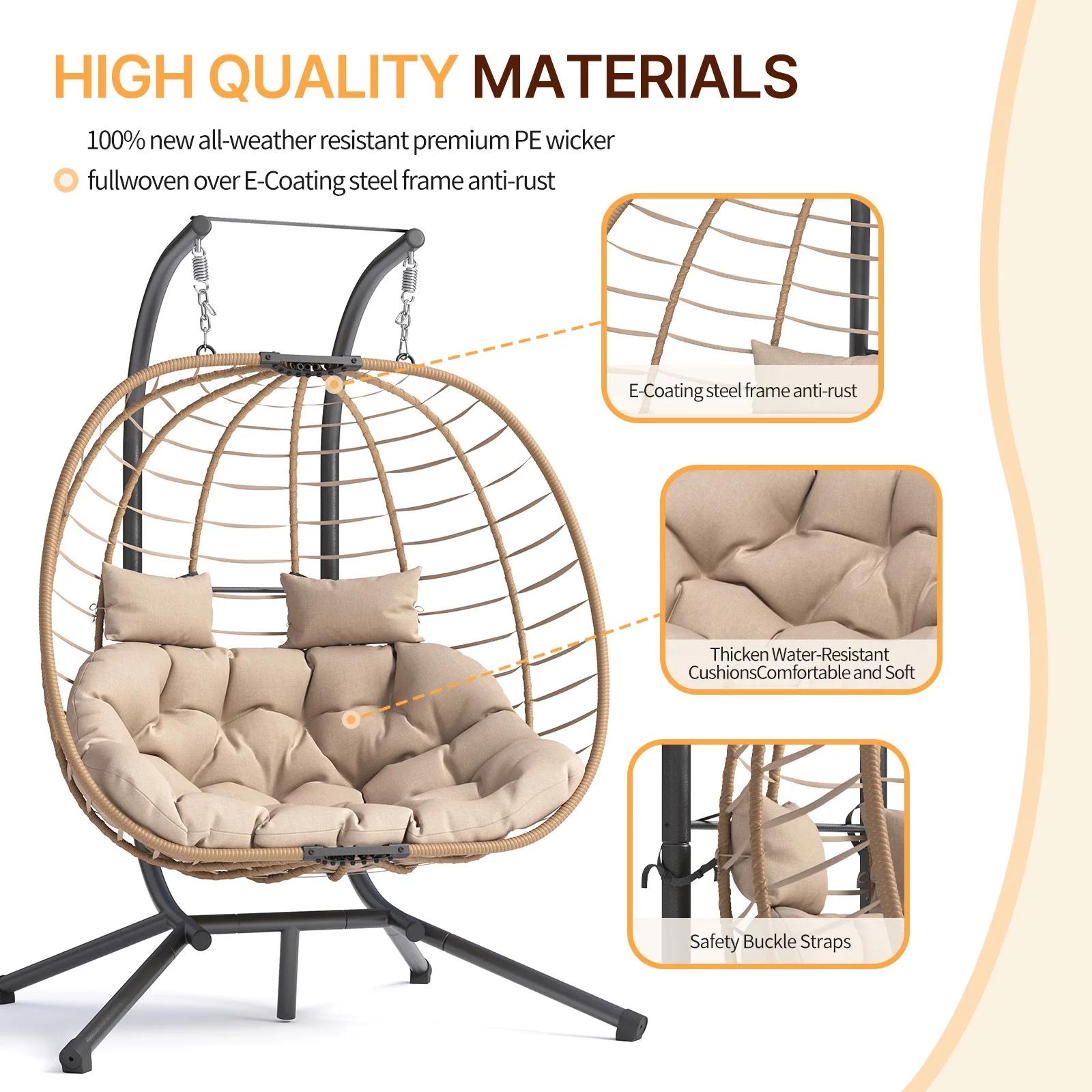 UDPATIO Double Wicker Swing Egg Chair 2 Person Foldable Hanging Egg Chair with Stand, Porch Swing Loveseat for Patio, Balcony, Porch, Indoor，Outdoor,