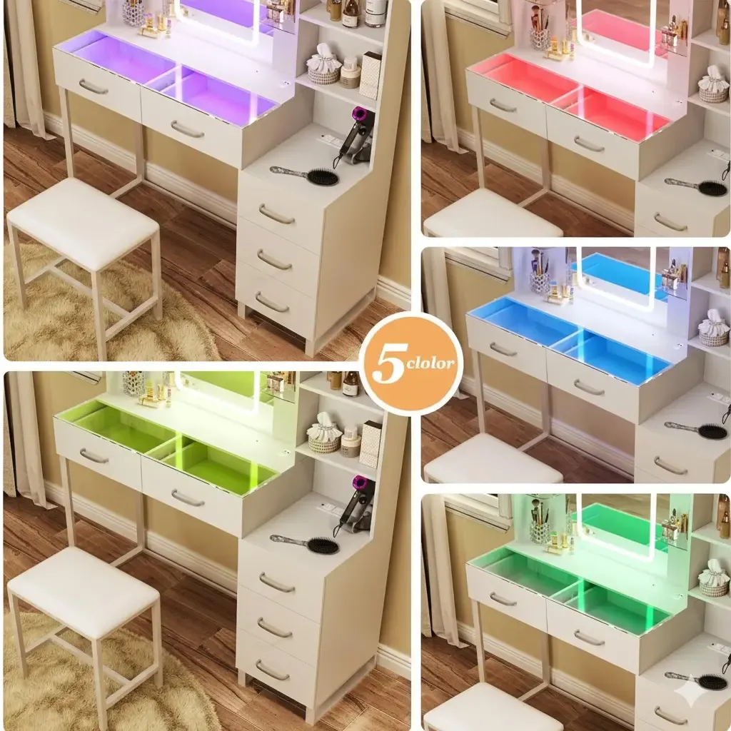 Tocador con espejo y luces LED, tocador de 145 cm con cubierta de vidrio y carga inalámbrica, cajones RGB y toma de corriente con interruptor de seguridad para dormitorio, color blanco.