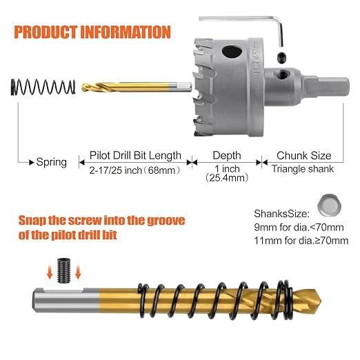 Kit de brocas de carburo para perforar metal TCT de 5/8" a 2-1/4" pulgadas, para corte de alta precisión en acero inoxidable, hierro, cobre y latón.