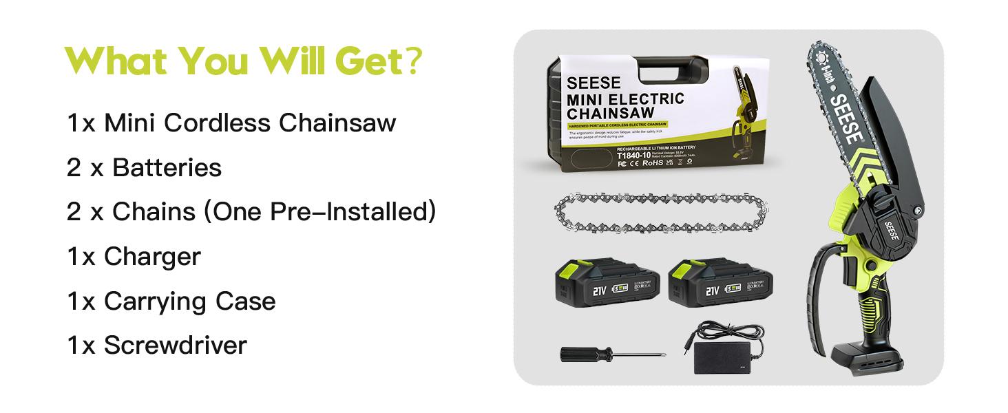 SEESE Brushless Mini ChainSaw - Portable Electric Cordless Saw for Wood Cutting, Batteries (2000mAh) ,Pruning, Gardening, Camping - Suitable for Seniors, Women Holiday gifts