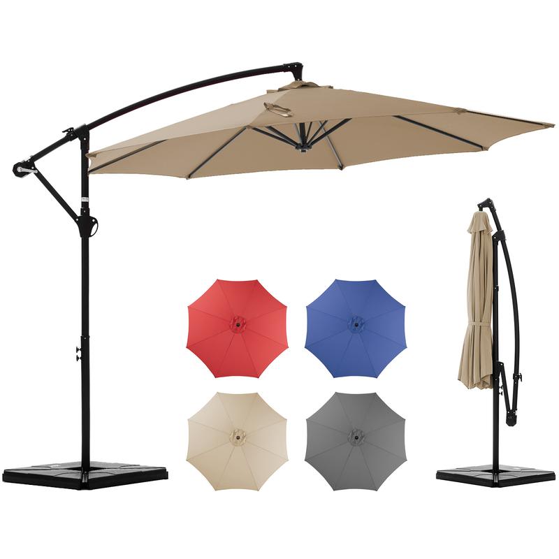 【Con base】 Sombrilla excéntrica de 10 pies para patio exterior (con base) — Inclinación y manivela sencillas, pantalla de poliéster ajustable para jardín, patio trasero y zona de piscina.