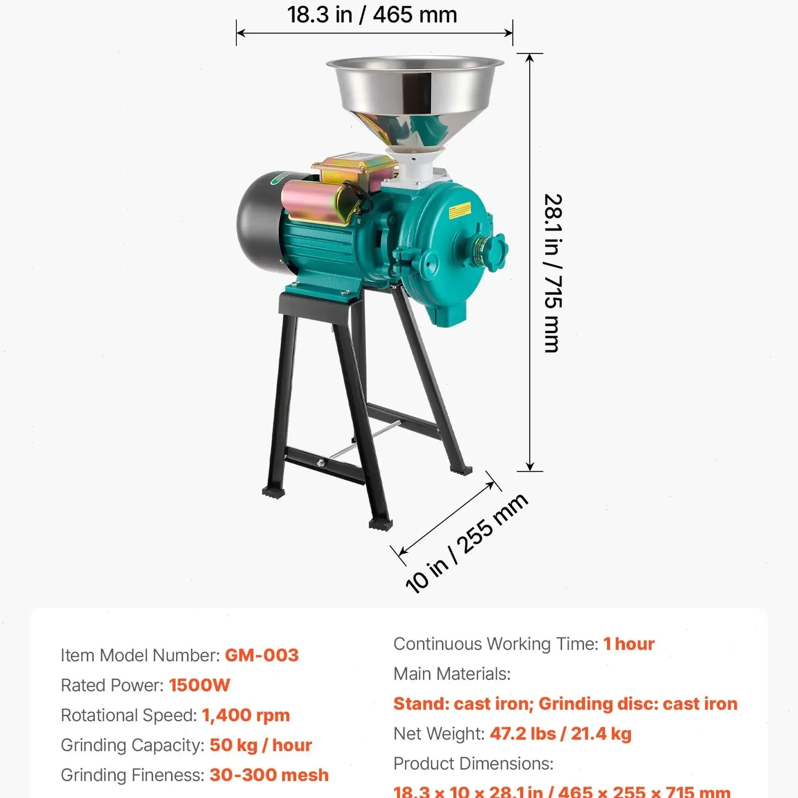 VEVOR Electric Grain Mill Grinder, 3000W Spice Grinders, Commercial Corn Mill with Funnel, Thickness Adjustable Powder Machine, Heavy Duty Feed Flour Cereal Mill Wheat Grinders, Dry & Wet Grinder