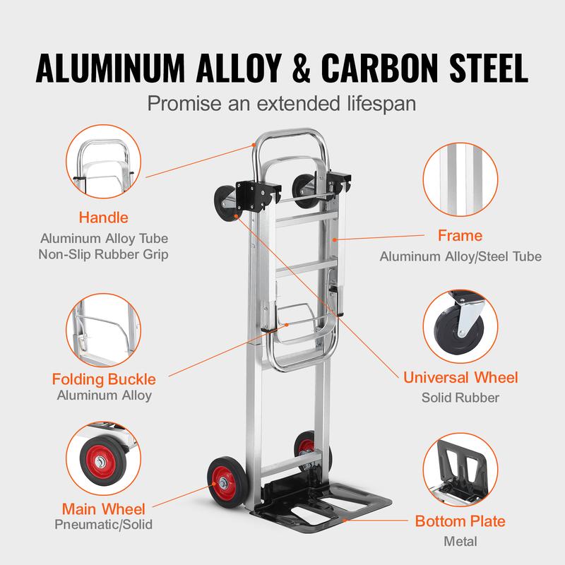 Carretilla plegable de aluminio, diseño 2 en 1, capacidad máxima de 800 libras, carro industrial plegable de alta resistencia, carro con ruedas de goma para transporte y mudanzas en almacenes, supermercados y jardines.