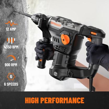 Taladro percutor rotativo RH15A SDS-Plus de 1-9/16'', 4 funciones en un solo mando, embrague de seguridad, 6 velocidades, 4350 golpes por minuto / 900 RPM, apto para hormigón, madera y acero.