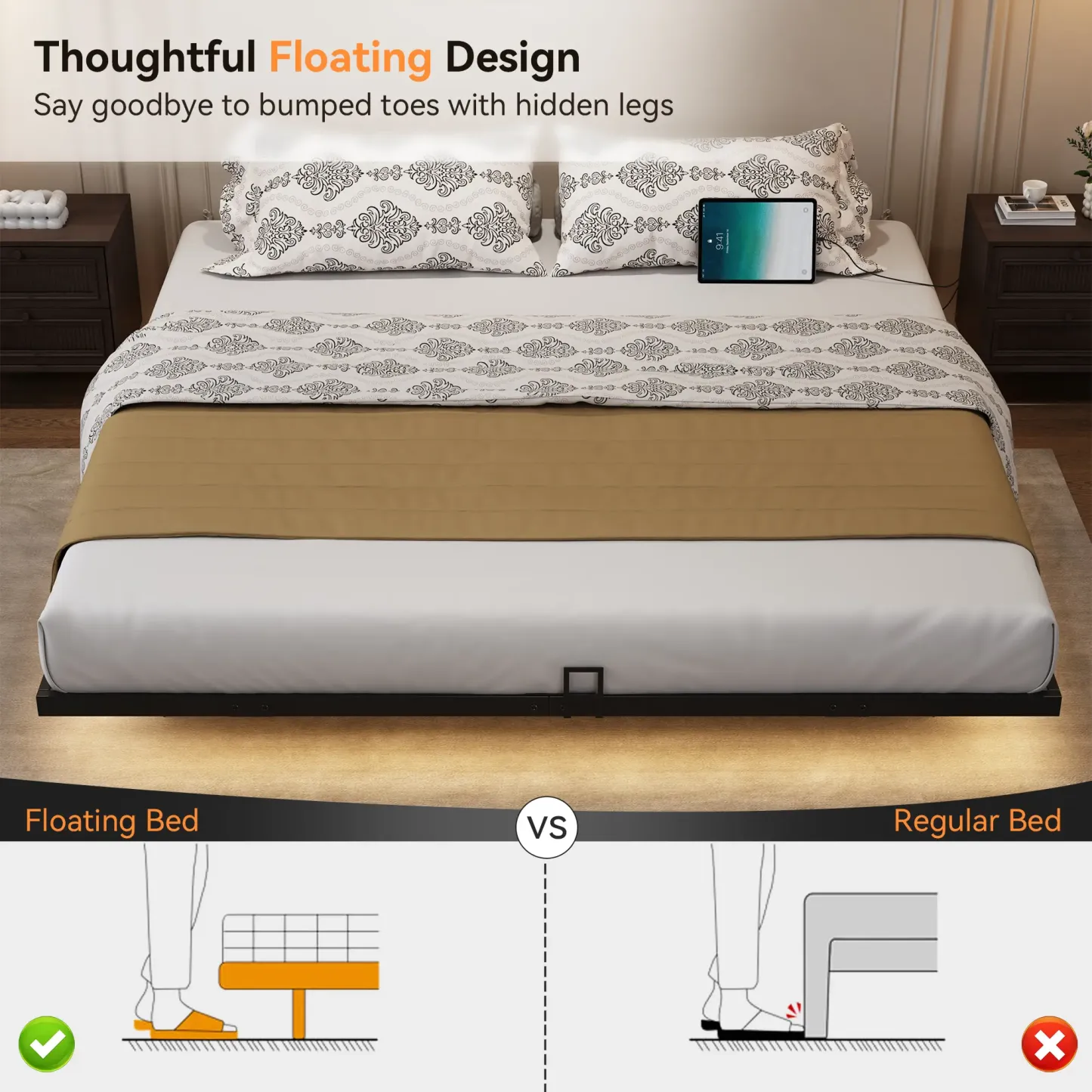 Estructura de cama flotante, base de plataforma metálica con luces LED, estación de carga con 2 tomas de corriente y puertos USB, no requiere somier, antideslizante, silenciosa, fácil montaje.