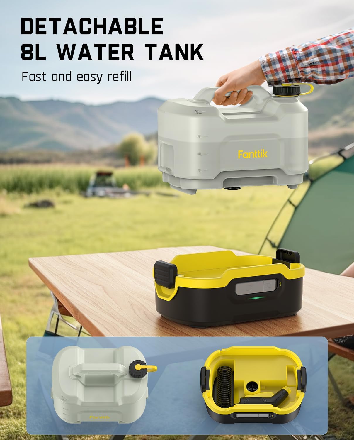 Pulverizador eléctrico inalámbrico portátil Fanttik NB8 Nano con depósito de 2,1 galones, cabezal retráctil, batería de litio de 2600 mAh, IPX5, 72-98 PSI, hidrolimpiadora portátil para jardín, ducha de camping y limpieza de mascotas.