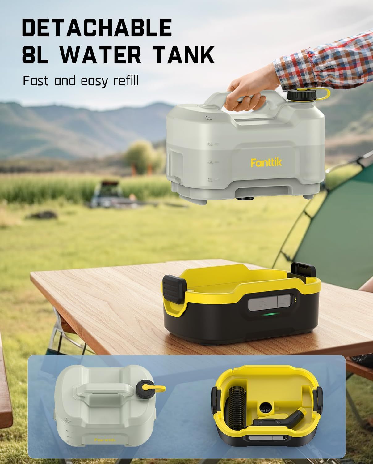 Pulverizador eléctrico inalámbrico portátil Fanttik NB8 Nano con depósito de 2,1 galones, cabezal retráctil, batería de litio de 2600 mAh, IPX5, 72-98 PSI, hidrolimpiadora portátil para jardín, ducha de camping y limpieza de mascotas.