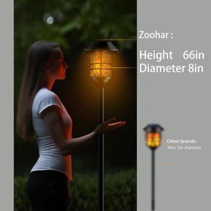 ZOOHAR Antorchas Solares de Exterior Extra Altas con Llama Parpadeante – 4 Piezas, Luz de Jardín Resistente al Agua, Acero Inoxidable para Caminos, Decoración de Patio con Encendido/Apagado Automático