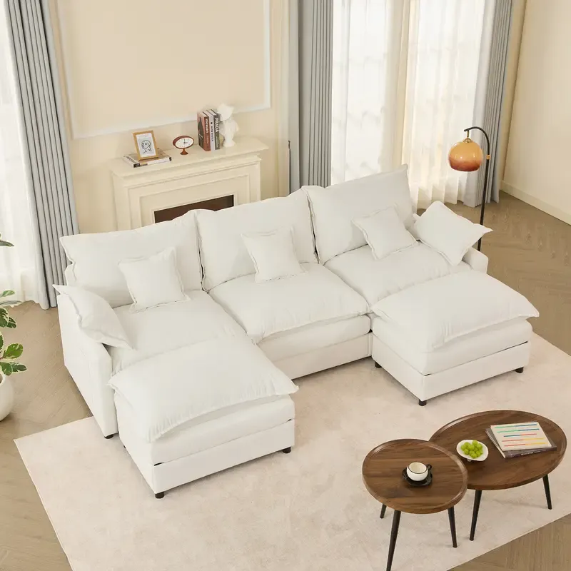 Sofá modular seccional en forma de U de 274 cm - Comfy Cloud de 3 plazas con 2 otomanas móviles, sofá Cloud, sofá de lino con asiento profundo para sala de estar, color beige, diseño cómodo y elegante, color rosa chenilla.