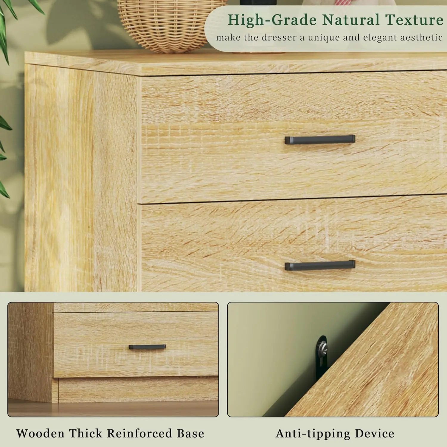 Cómoda para dormitorio con 12 cajones, 152 cm de ancho, estilo moderno de mediados de siglo, con veta de madera natural, cómoda con mueble para TV, organizador de almacenamiento grande, armario, entrada, color natural.