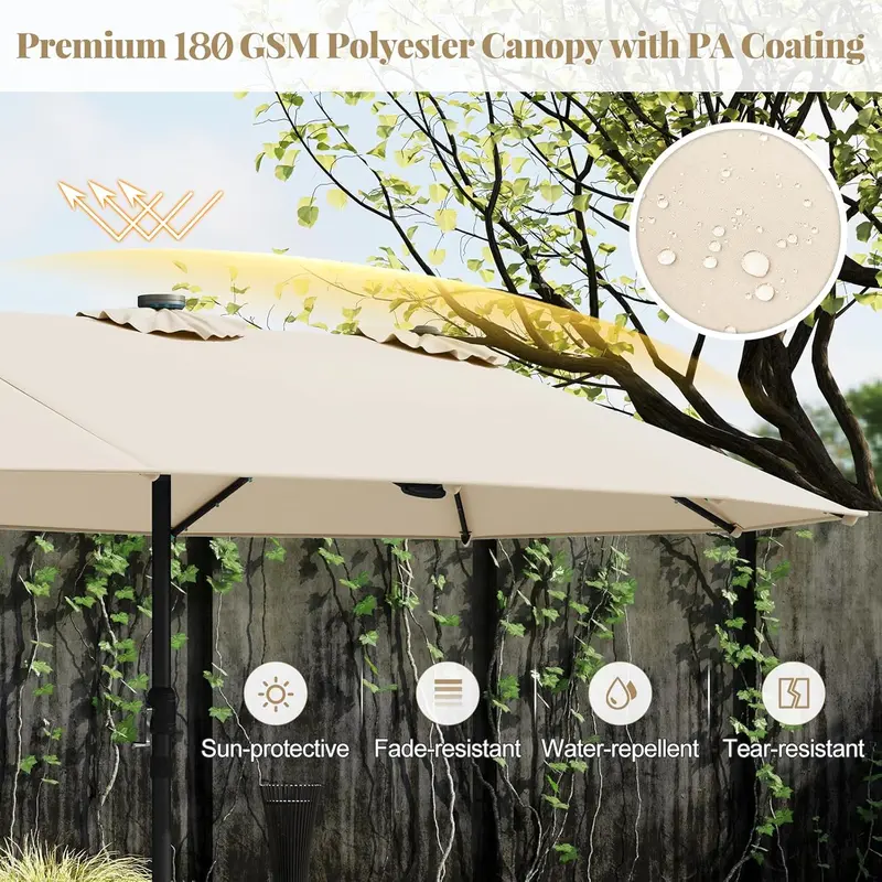 Sombrilla solar para patio de 15 pies con base — Sombrilla doble extra grande para exteriores, con 36 luces LED y manivela; ideal para jardín, terraza, piscina y patio.