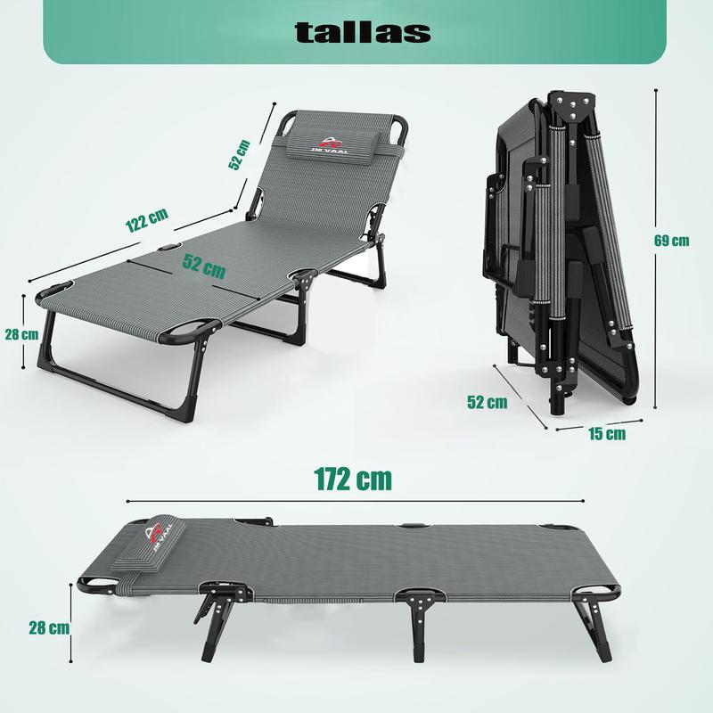 Silla de playa plegable con respaldo acolchado y ajuste en 5 posiciones, adecuada para acampadas al aire libre y uso en interiores.