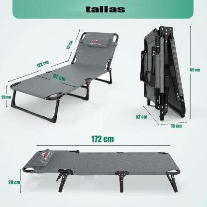Silla de playa plegable con respaldo acolchado y ajuste en 5 posiciones, adecuada para acampadas al aire libre y uso en interiores.