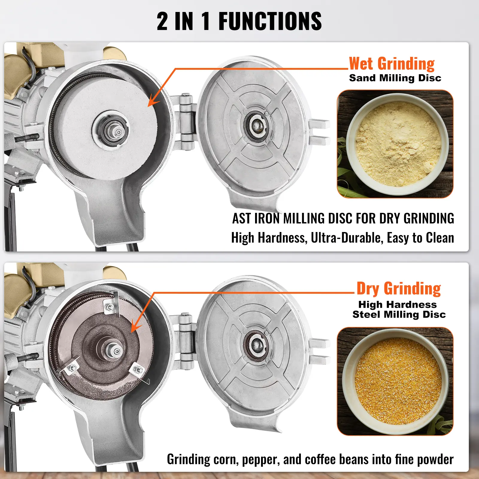 VEVOR Electric Grain Mill Grinder,  3000W Spice Grinders, Commercial Corn Mill with Funnel, Thickness Adjustable Powder Machine, Heavy Duty Feed Flour Cereal Mill Wheat Grinders, Dry & Wet Grinder