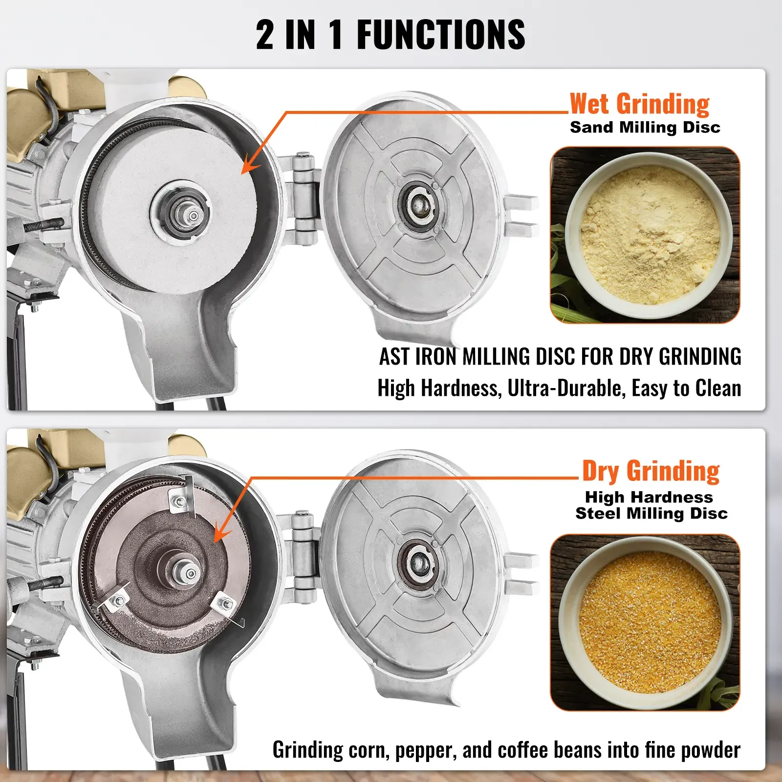 VEVOR Electric Grain Mill Grinder,  3000W Spice Grinders, Commercial Corn Mill with Funnel, Thickness Adjustable Powder Machine, Heavy Duty Feed Flour Cereal Mill Wheat Grinders, Dry & Wet Grinder