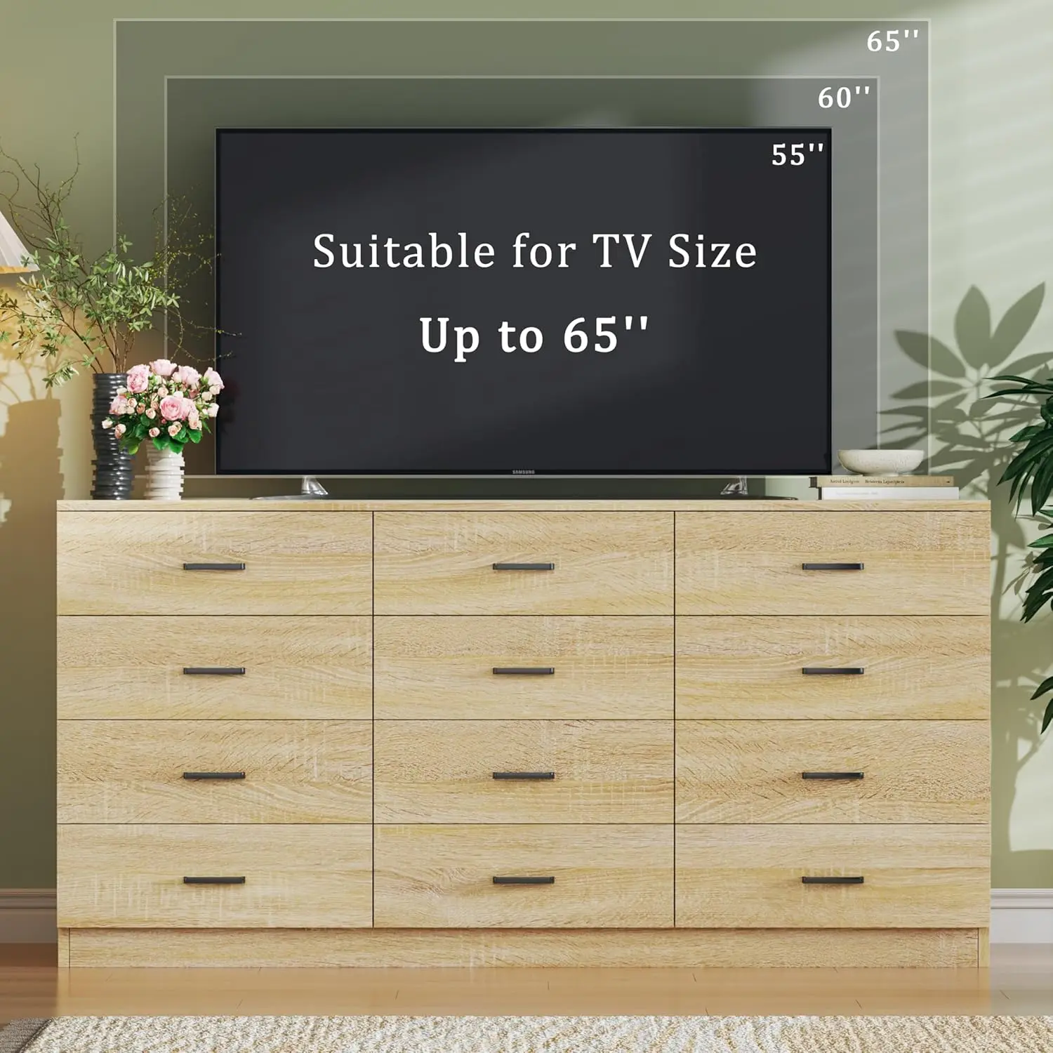 Cómoda para dormitorio con 12 cajones, 152 cm de ancho, estilo moderno de mediados de siglo, con veta de madera natural, cómoda con mueble para TV, organizador de almacenamiento grande, armario, entrada, color natural.