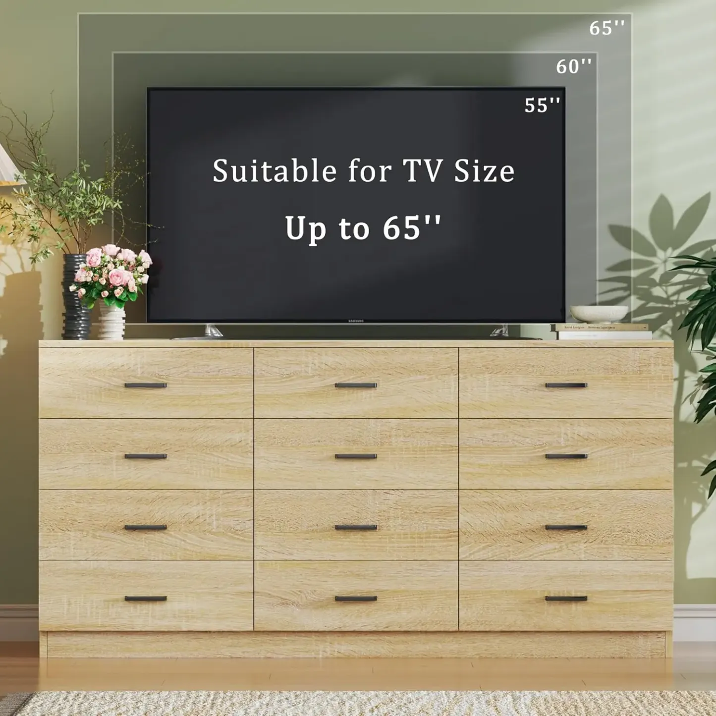 Cómoda para dormitorio con 12 cajones, 152 cm de ancho, estilo moderno de mediados de siglo, con veta de madera natural, cómoda con mueble para TV, organizador de almacenamiento grande, armario, entrada, color natural.