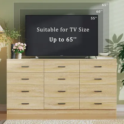 Cómoda para dormitorio con 12 cajones, 152 cm de ancho, estilo moderno de mediados de siglo, con veta de madera natural, cómoda con mueble para TV, organizador de almacenamiento grande, armario, entrada, color natural.
