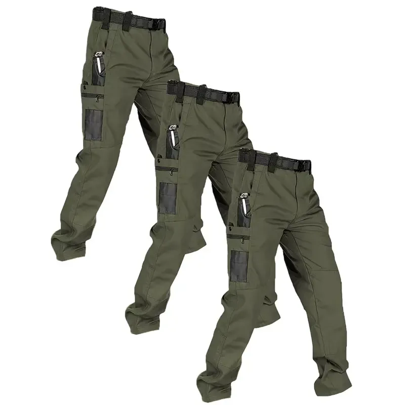 Pantalones de trabajo tácticos impermeables para hombre (color liso) — Set de 3 piezas: sin cinturón, multibolsillos, duraderos; ideales para senderismo al aire libre y uso casual.