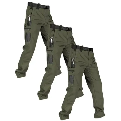 Pantalones de trabajo tácticos impermeables para hombre (color liso) — Set de 3 piezas: sin cinturón, multibolsillos, duraderos; ideales para senderismo al aire libre y uso casual.
