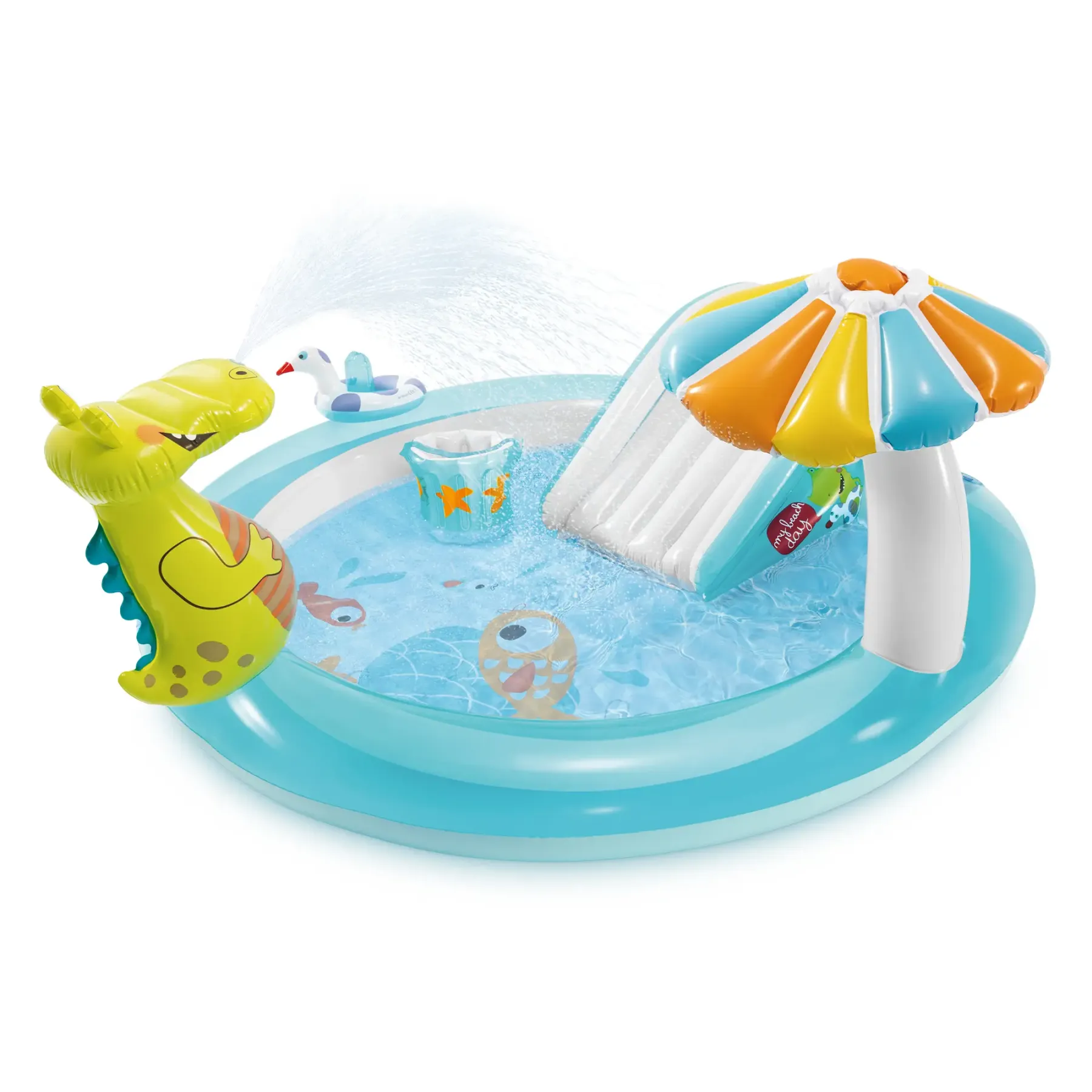 Piscina inflable para niños Play Center con tobogán para niños pequeños de 2 años en adelante. Construcción duradera de PVC con tobogán de agua y rociador para diversión durante todo el año. BOMBA NO INCLUIDA.