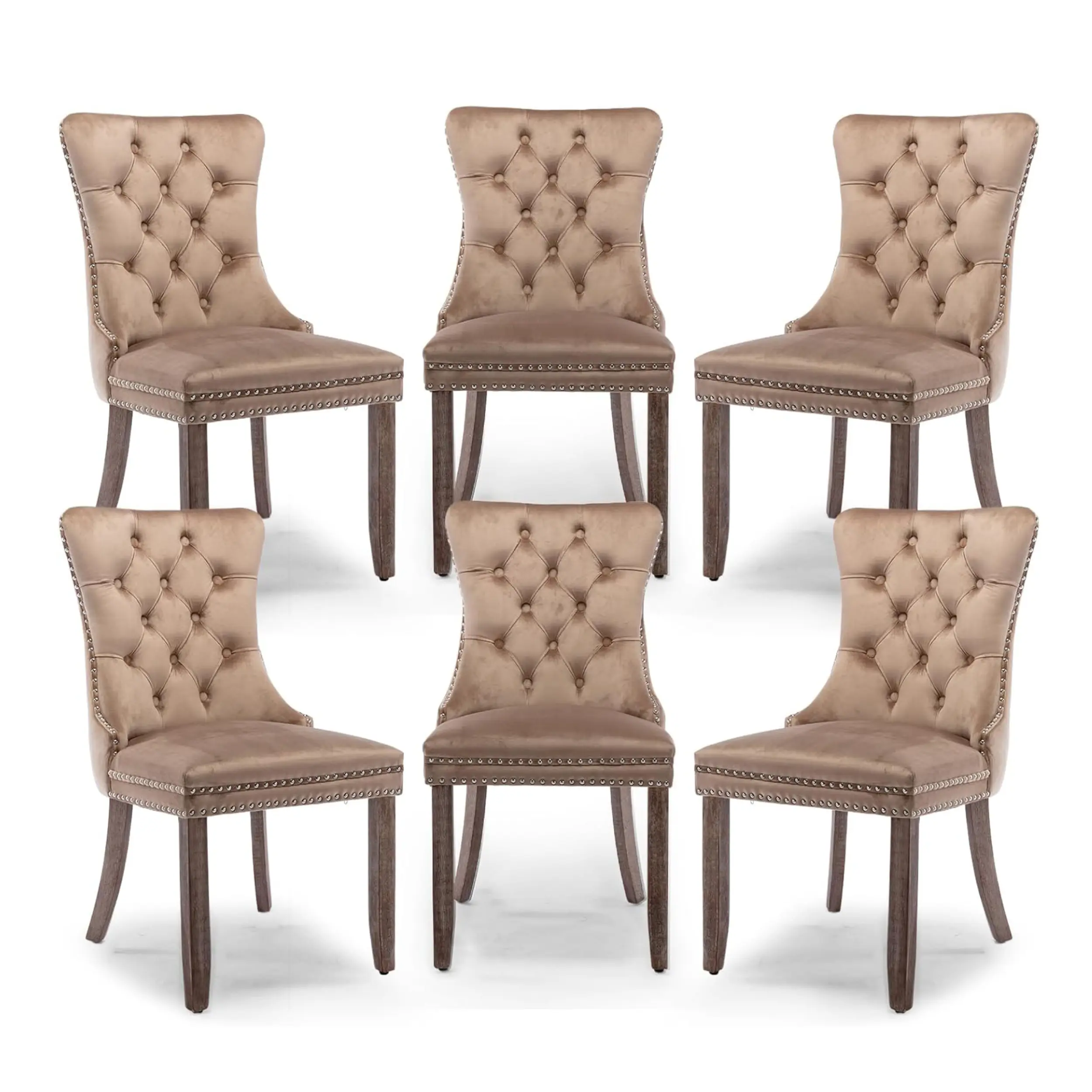 Juego de 6 sillas de comedor de terciopelo, respaldo alto, tapizadas modernas de alta gama con capitoné y aro abotonado, patas de madera maciza.