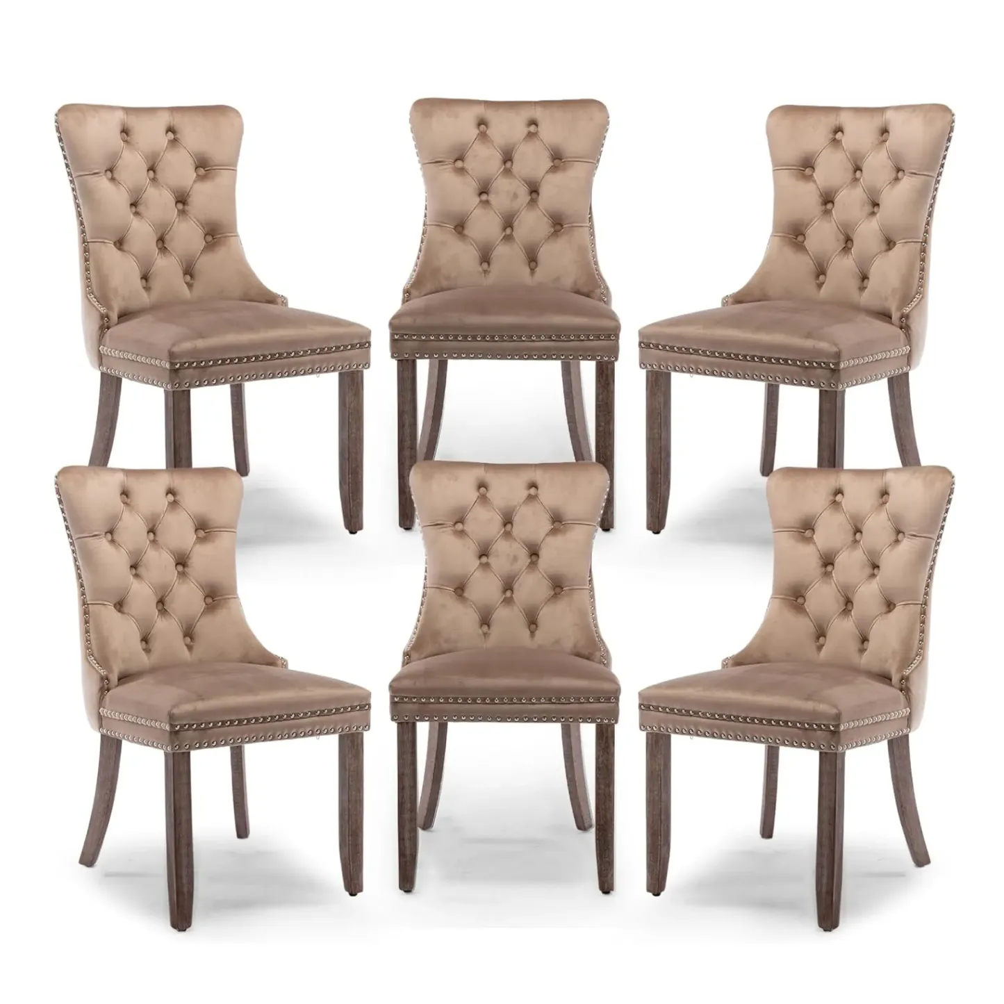 Juego de 6 sillas de comedor de terciopelo, respaldo alto, tapizadas modernas de alta gama con capitoné y aro abotonado, patas de madera maciza.