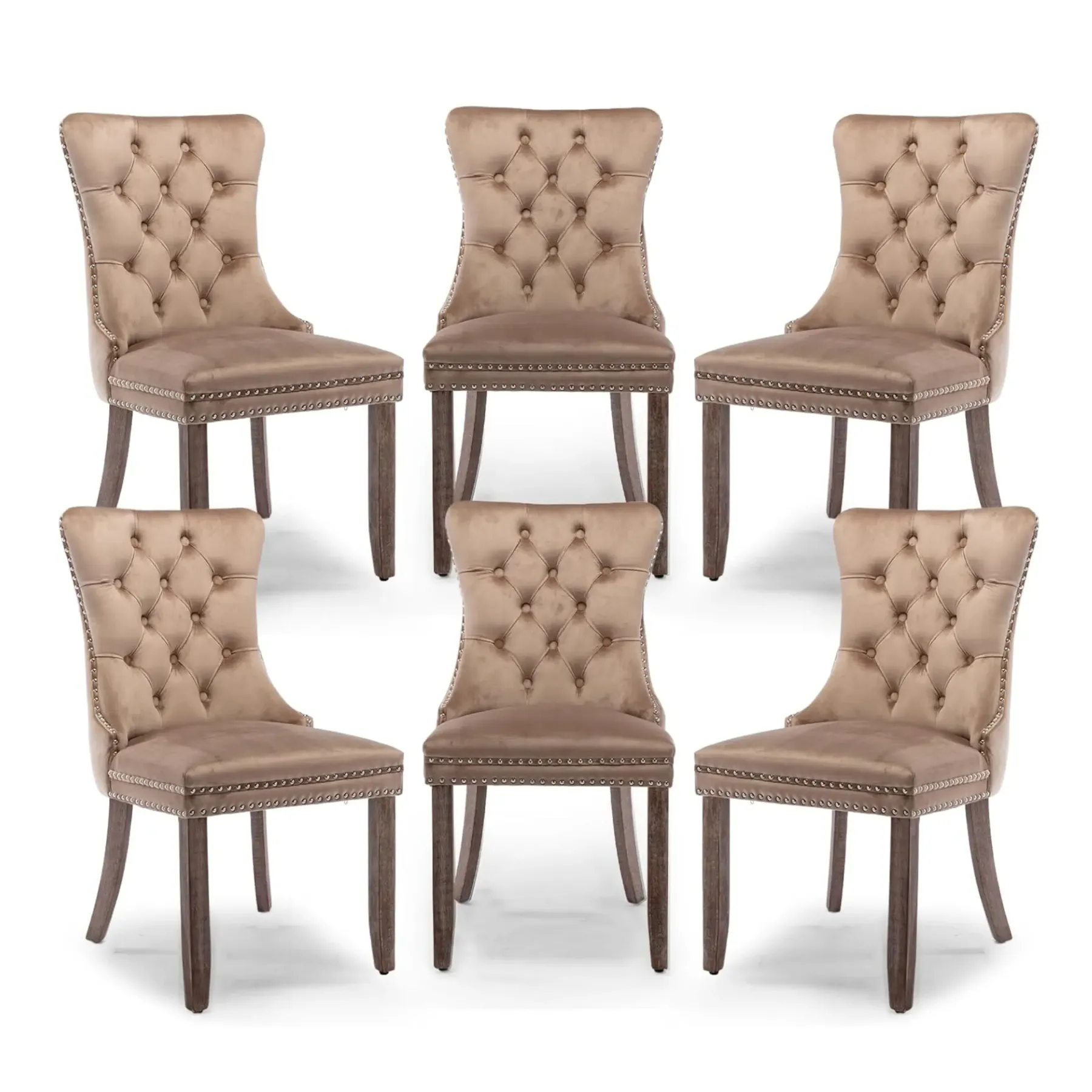 Juego de 6 sillas de comedor de terciopelo, respaldo alto, tapizadas modernas de alta gama con capitoné y aro abotonado, patas de madera maciza.
