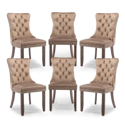 Juego de 6 sillas de comedor de terciopelo, respaldo alto, tapizadas modernas de alta gama con capitoné y aro abotonado, patas de madera maciza.