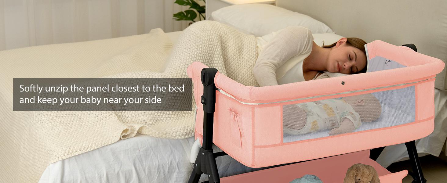 Baby Bassinet Crib, Crib for Infant&Newborn, Bedside Sleeper with Storage Basket and Mosquito Net, Easy to Fold, Height Adjustable, Portable Side Bed Crib