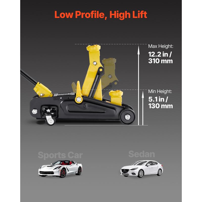 Gato de piso de perfil bajo, capacidad de 1,5 toneladas (3300 lb), gato de piso de acero para carreras con bomba de elevación rápida de un solo pistón, elevador hidráulico para autos deportivos y sedanes, rango de elevación de 5,1 a 12,2 pulgadas.