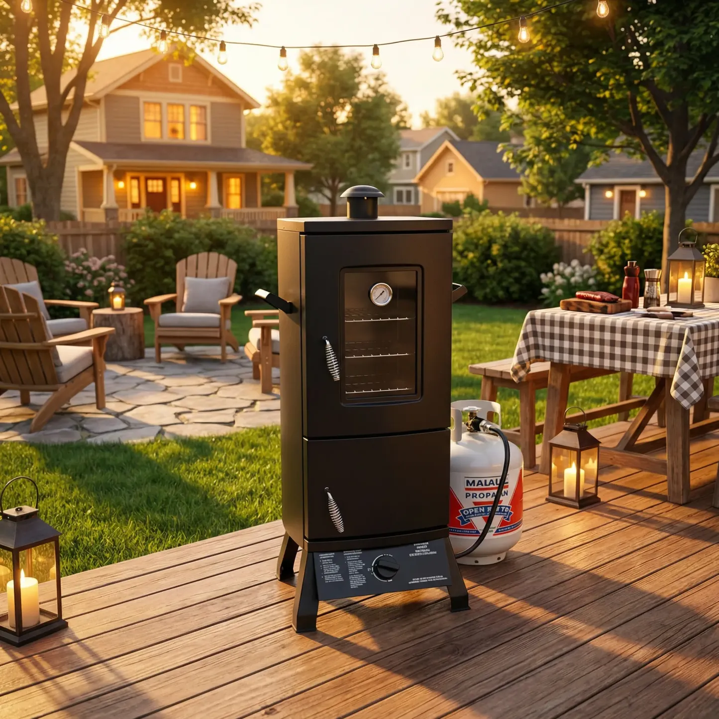 Ahumador vertical de propano con tapa, parrilla para barbacoa, tres estantes extraíbles, control de temperatura, acero de aleación
