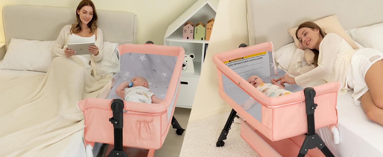 Baby Bassinet Crib, Crib for Infant&Newborn, Bedside Sleeper with Storage Basket and Mosquito Net, Easy to Fold, Height Adjustable, Portable Side Bed Crib
