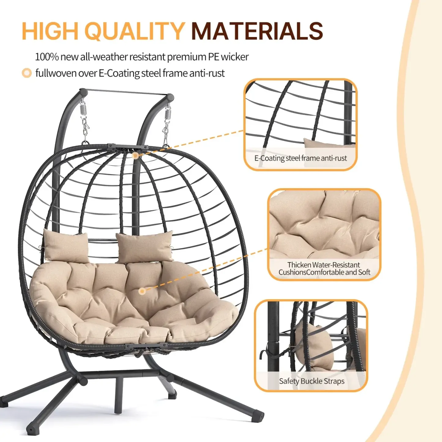 Sillón Colgante Doble de Mimbre (Estilo Huevo) para 2 Personas — Plegable y con Soporte — Banco Colgante para Patio, Balcón, Porche, Interiores y Exteriores