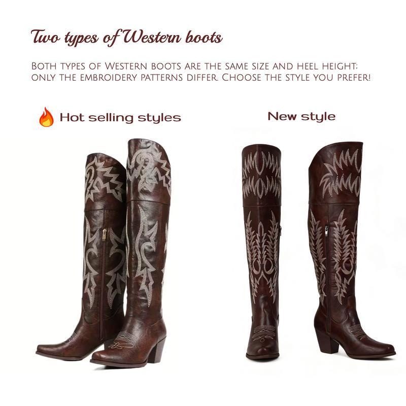 Botas vaqueras altas hasta la rodilla para mujer, estilo vintage, con plataforma bordada y puntiaguda, por encima de la rodilla, con punta cuadrada y tacón grueso, para vacaciones.