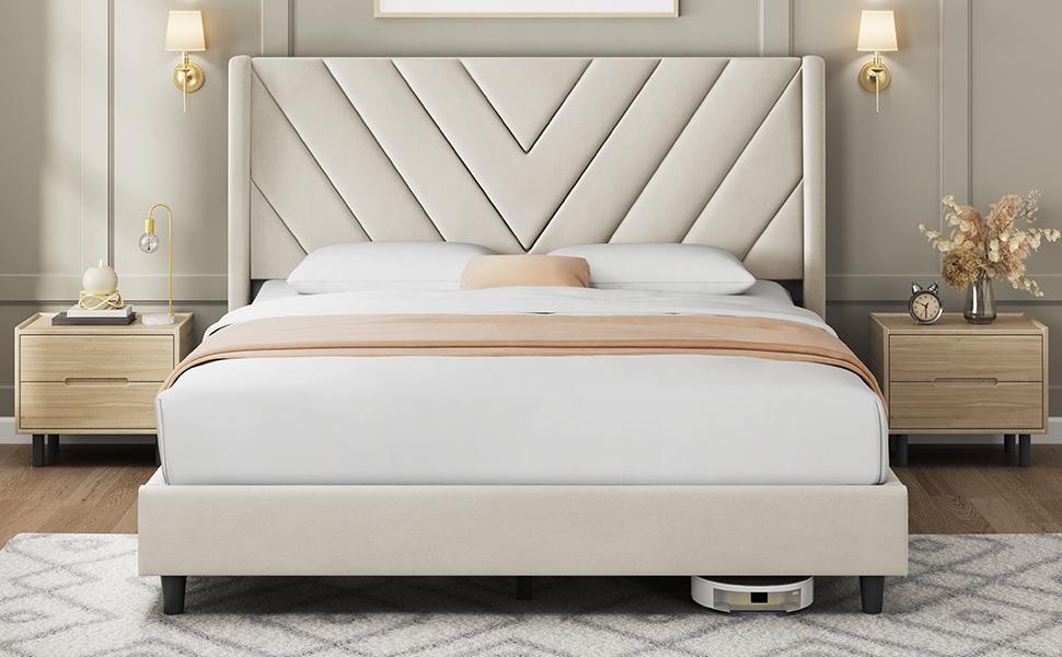Yaheetech Linen Fabric /Velvet Upholstered Bed Frame Full/Queen/King with Wooden Slat Support, No Box Spring Needed, Durable Construction, Easy Assembly Furniture Bedroom Beige Headboard