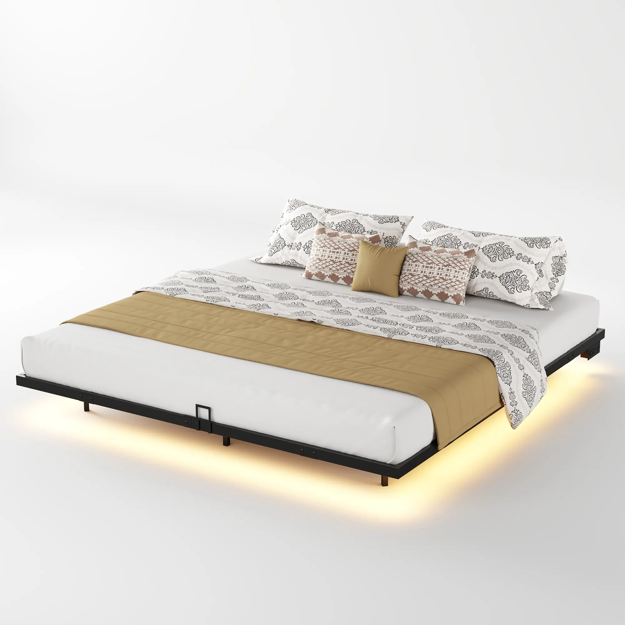 Estructura de cama flotante, base de plataforma metálica con luces LED, estación de carga con 2 tomas de corriente y puertos USB, no requiere somier, antideslizante, silenciosa, fácil montaje.