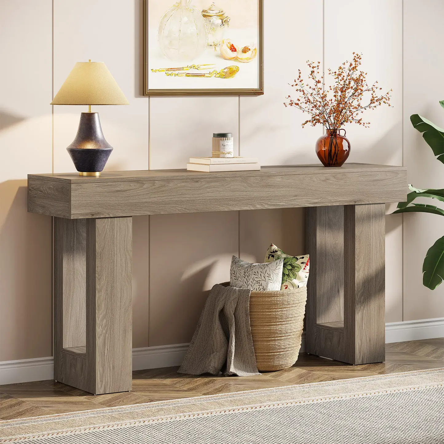 Mesa consola de 160 cm de largo, mesa rectangular de madera para sofá, mesa de entrada rústica para entrada, pasillo y sala de estar (natural) moderna.