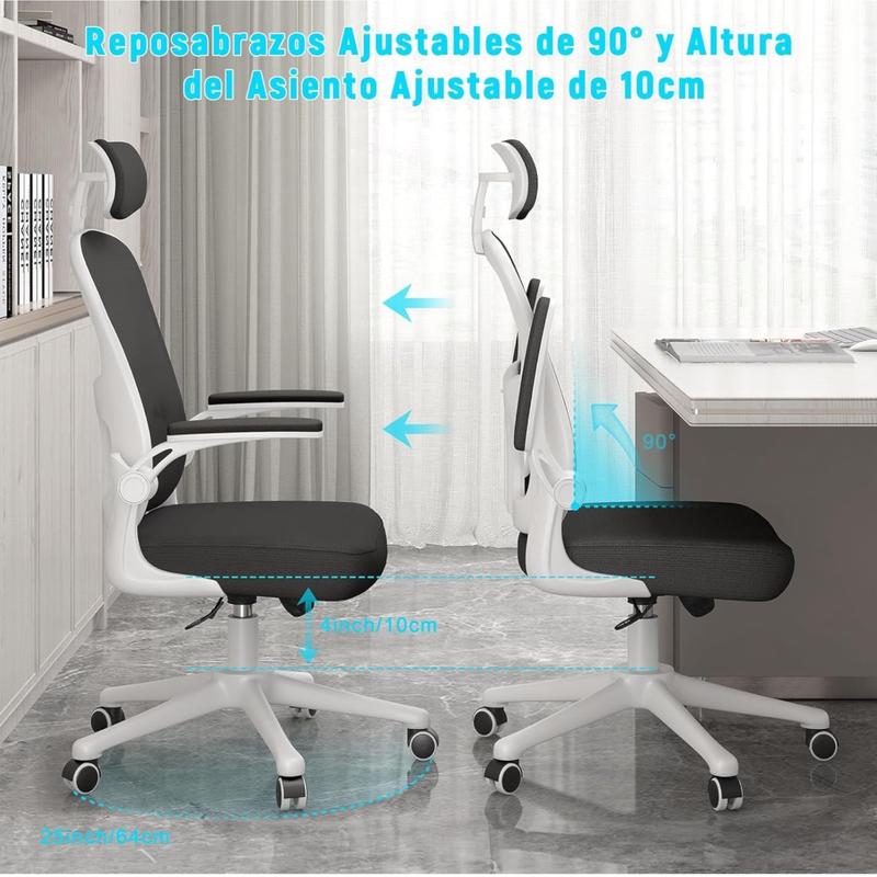 Silla de Oficina, para Gaming, Escritorio Ergonmica con Reposacabezas, Ajustable y con Soporte Lumbar Respaldo de Malla Transpirable Reposabrazos Abatibles de 90 Giratoria 360