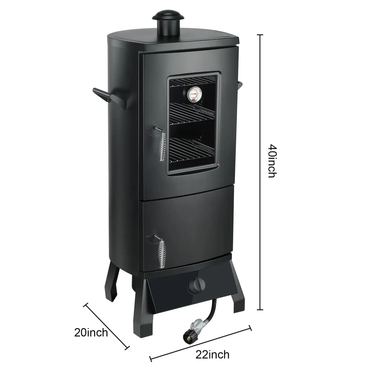 Ahumador vertical de propano con tapa, parrilla para barbacoa, tres estantes extraíbles, control de temperatura, acero de aleación