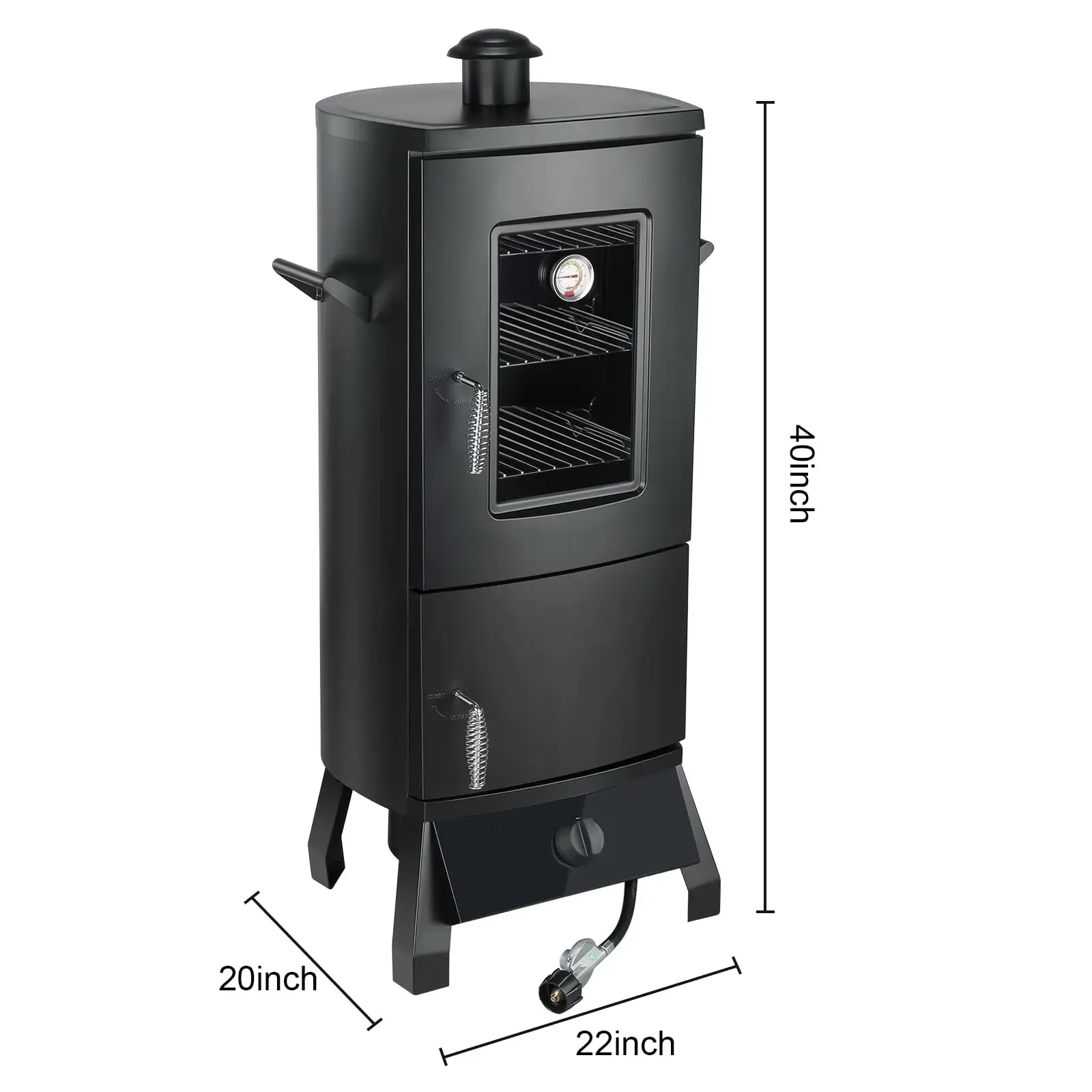Ahumador vertical de propano con tapa, parrilla para barbacoa, tres estantes extraíbles, control de temperatura, acero de aleación