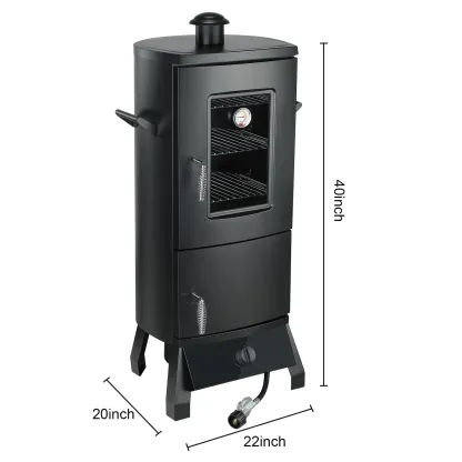 Ahumador vertical de propano con tapa, parrilla para barbacoa, tres estantes extraíbles, control de temperatura, acero de aleación