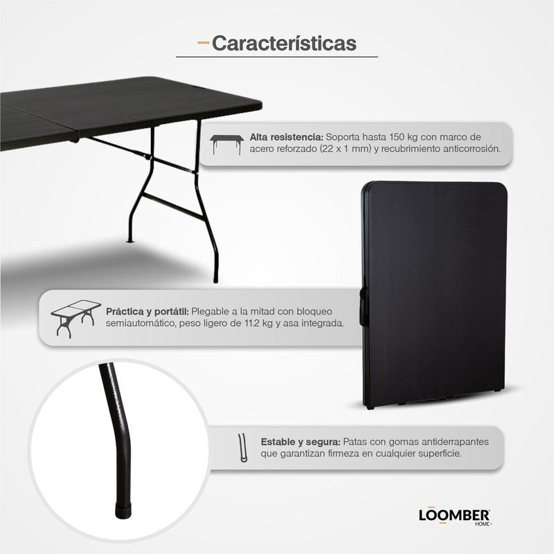 Mesa Plegable Negra 180 cm Tipo Portafolio Resistente para Uso Diario y Eventos