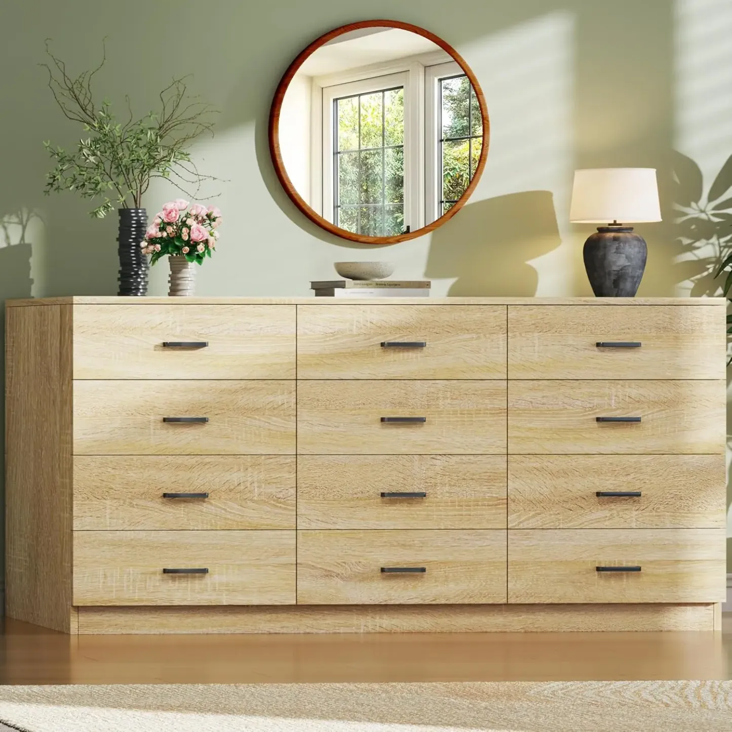 Cómoda para dormitorio con 12 cajones, 152 cm de ancho, estilo moderno de mediados de siglo, con veta de madera natural, cómoda con mueble para TV, organizador de almacenamiento grande, armario, entrada, color natural.
